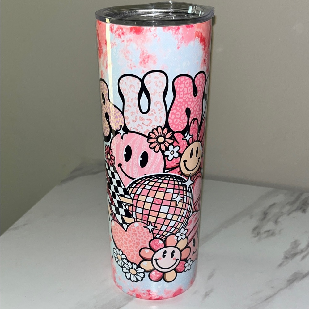 Pink Smiley Flower Disco Print Tumbler with “Aunt” on it